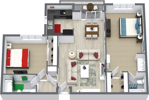 Floor plan for 2 beds, 2 baths, 985 sqft